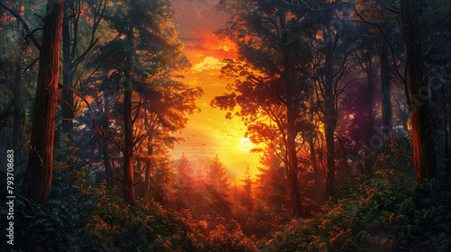 Sunset in fantasy forest