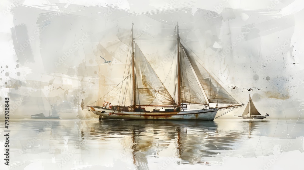 A large sailboat is in the water with a smaller sailboat in the background. Scene is peaceful and serene, with the boats floating on calm waters