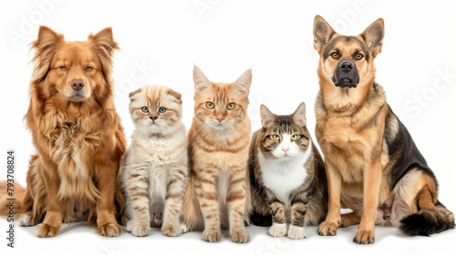 Variety of cats and dogs in studio portrait on white background with room for text