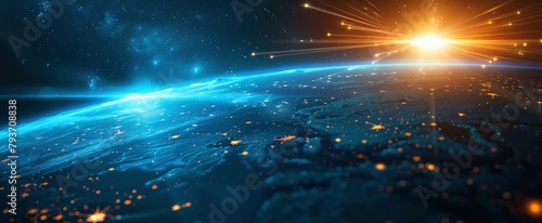 Abstract background of Earth with glowing blue and orange light rays, fiber optic cables in space.