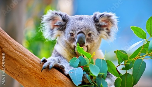 Koala Bear Sit On The Branch of the tree and eat leaves , generated by AI