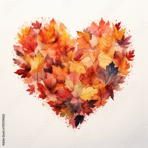 Shape of a heart made of watercolor leaf illustrations.