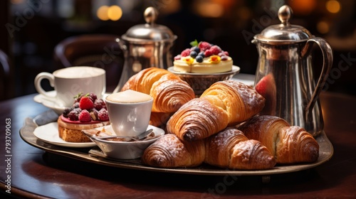 A plate of croissants and pastries elegantly displayed on a table
