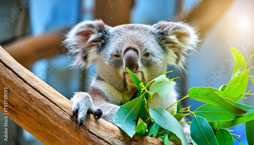 Koala Bear Sit On The Branch of the tree and eat leaves , generated by AI photo