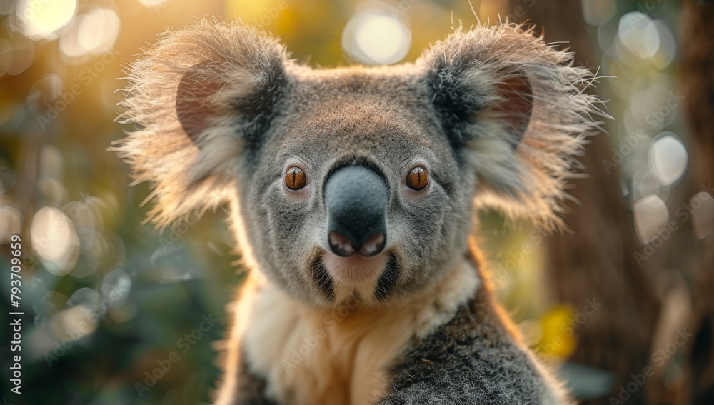 Obraz premium Koala bear sitting on a branch eating leaves, zoo, conservation base, 4K wallpaper, sunset, forest, environmental protection, animal care theme.Caring Koala: Embracing Nature's Harmony