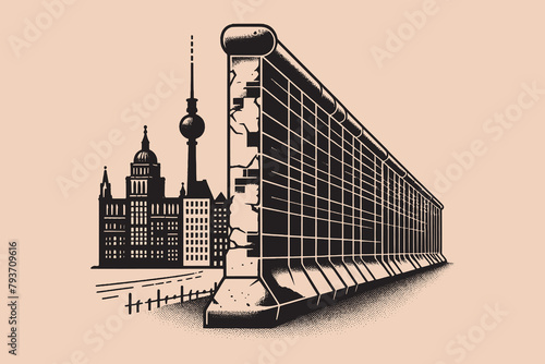 Berlin Wall. Black graphics. Ink sketch. Old vintage illustration, emblem, print. Art work
