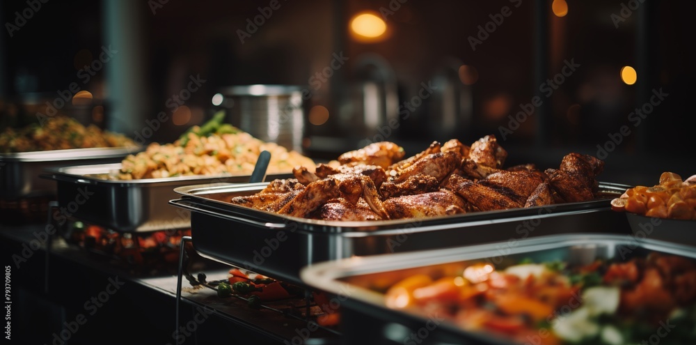 buffet food indoor in the restaurant meat colorful fruits and vegetables catering a group of people at a resort on a cruise