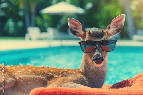 Deer with sunglasses on swimming pool in summer, vintage tone.