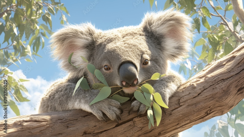 Fototapeta premium Koala bear sitting on a branch eating leaves, zoo, conservation base, 4K wallpaper, sunset, forest, environmental protection, animal care theme.Caring Koala: Embracing Nature's Harmony