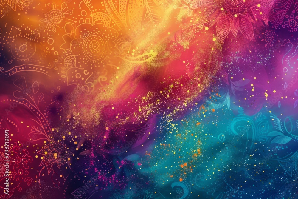 Colorful Holi background with vibrant hues and traditional Indian patterns