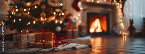 Christmas tree with wrapped gifts on the floor, a fireplace in the background with blurred background. Merry Christmas