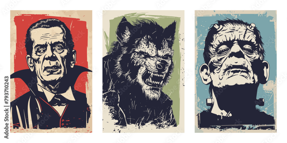 Set of halloween movie monster character portrait backgrounds. Horror vector design elements for poster, flyer, cards and web.