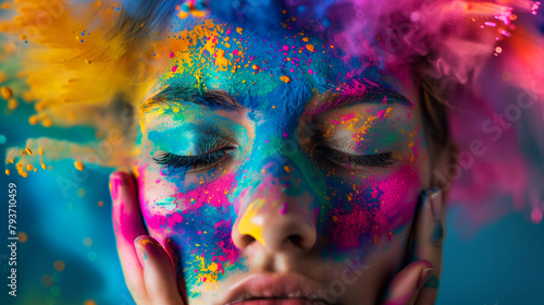 A woman with colorful face paint and a colorful background. background is a mix of colors, the woman's face is the main focus of the image. mix of colors representing exhaustion, tiredness, sleepiness photo