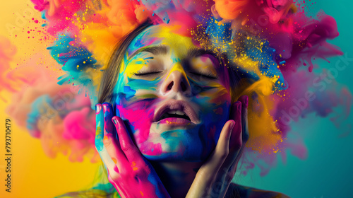 A woman with colorful face paint and a colorful background. background is a mix of colors, the woman's face is the main focus of the image. mix of colors representing exhaustion, tiredness, sleepiness photo