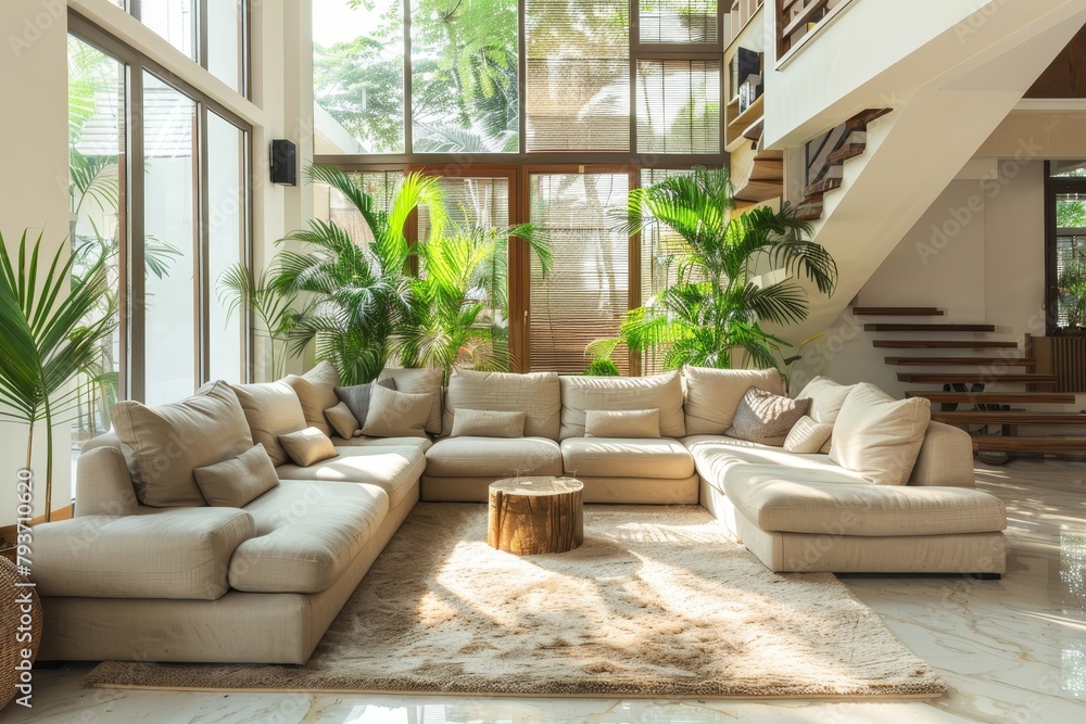 Fototapeta premium Modern farmhouse living room design with wooden staircase and natural wood accents in light tones