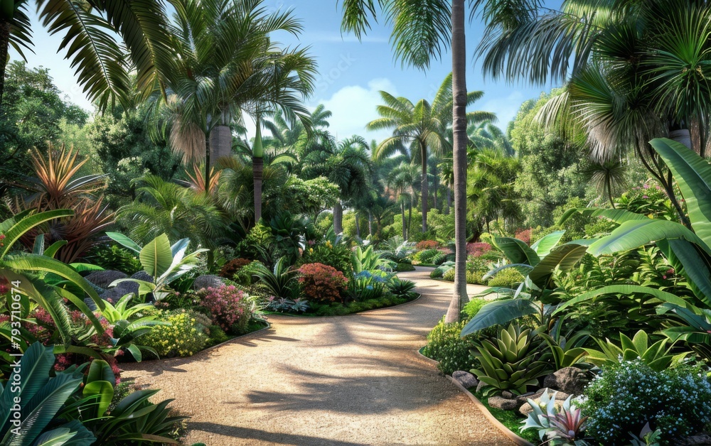 A vibrant tropical garden featuring a lush green lawn, an array of trees, and colorful flowers in bloom