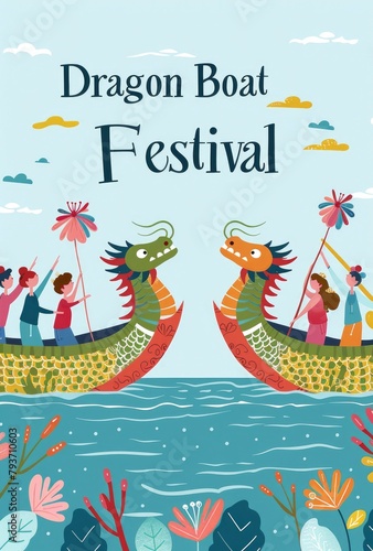 cartoon of two dragon head themed boats racing on the water  people rowing in colourful  outfits and flowers  text Dragon Boat Festival on background.