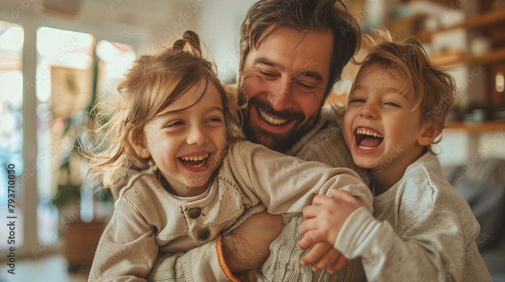 Photo of Joyful Man Playing with His Children, Radiant Laughter and Fun, Energetic and Playful Family Moment, Happy Smiles and Genuine Enjoyment, Lively and Cheerful Home Atmosphere. Photo of Joyful Man Playing with His Children, Radiant Laughter and Fun, Energetic and Playful Family Moment, Happy Smiles and Genuine Enjoyment, Lively and Cheerful Home Atmosphere.