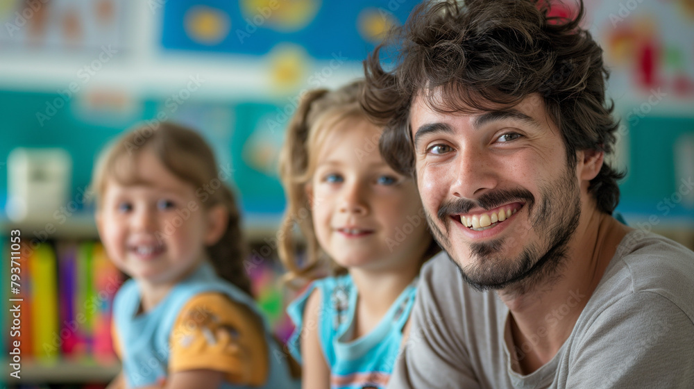 Photo of Smiling Father with Two Young Daughters in a Casual Setting, Joyful Family Moment, Relaxed and Happy Facial Expressions, Genuine Bonding Time, Comfortable and Warm Environment. Photo of Smiling Father with Two Young Daughters in a Casual Setting, Joyful Family Moment, Relaxed and Happy Facial Expressions, Genuine Bonding Time, Comfortable and Warm Environment.