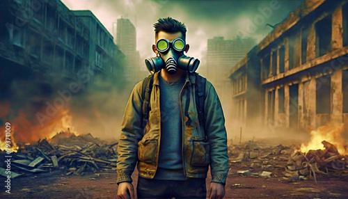 環境破壊の危機、ガスマスクをつけた男性、戦火の廃墟、環境汚染 photo