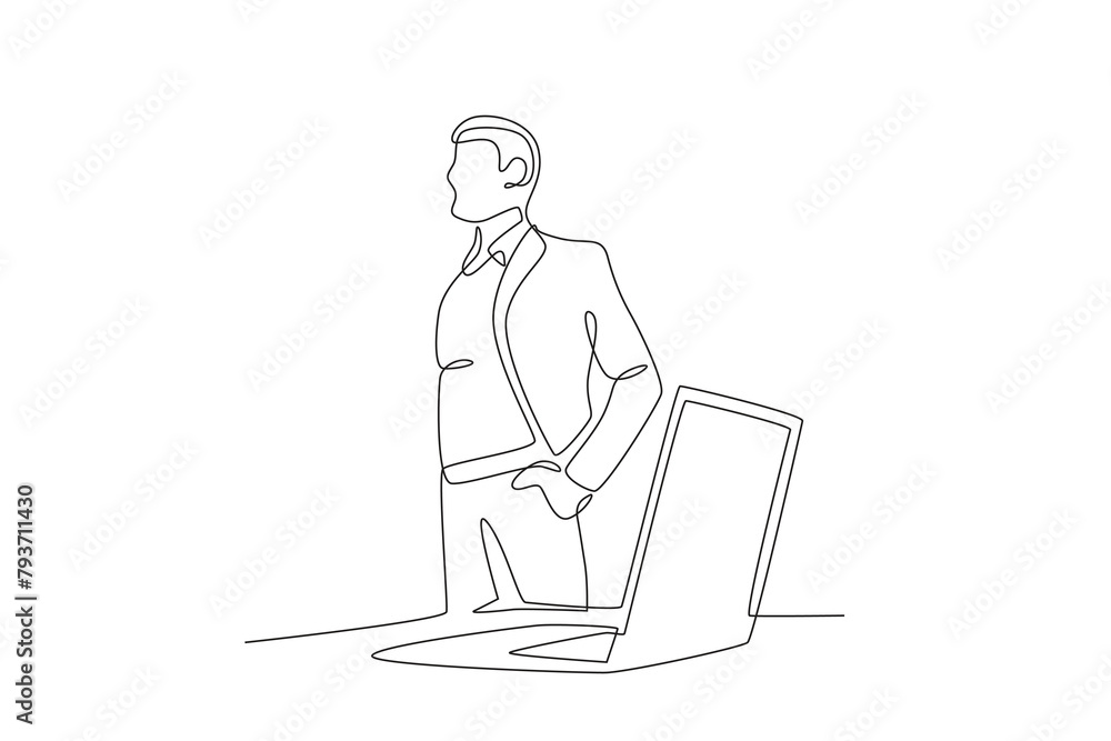 Businessman is standing near the laptop. Business person with laptop concept one-line drawing
