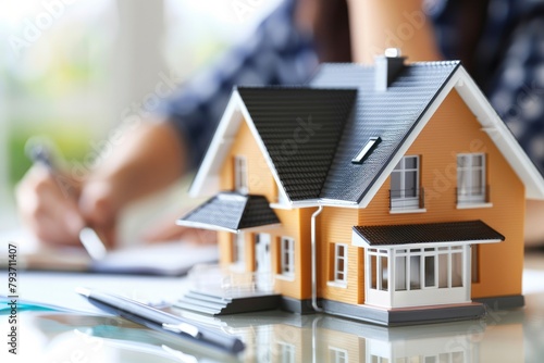 miniature model of house on table with real estate agent working in the background