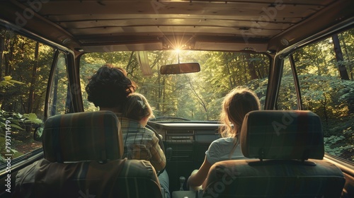 Mother, father, and young daughter in a station wagon, looking out the windows, wonder and delight, lush green forest scenery, styled as high-key lighting realism.