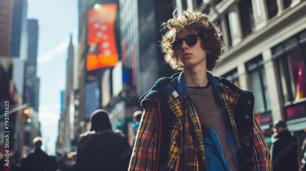 A candid street-style shot capturing a fashionable teenage model in his element, surrounded by the vibrant energy of the city as he navigates the bustling sidewalks with effortless swagger.