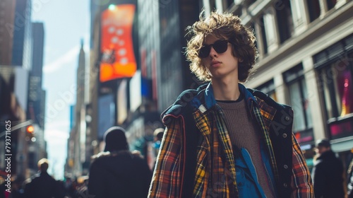 A candid street-style shot capturing a fashionable teenage model in his element, surrounded by the vibrant energy of the city as he navigates the bustling sidewalks with effortless swagger. photo