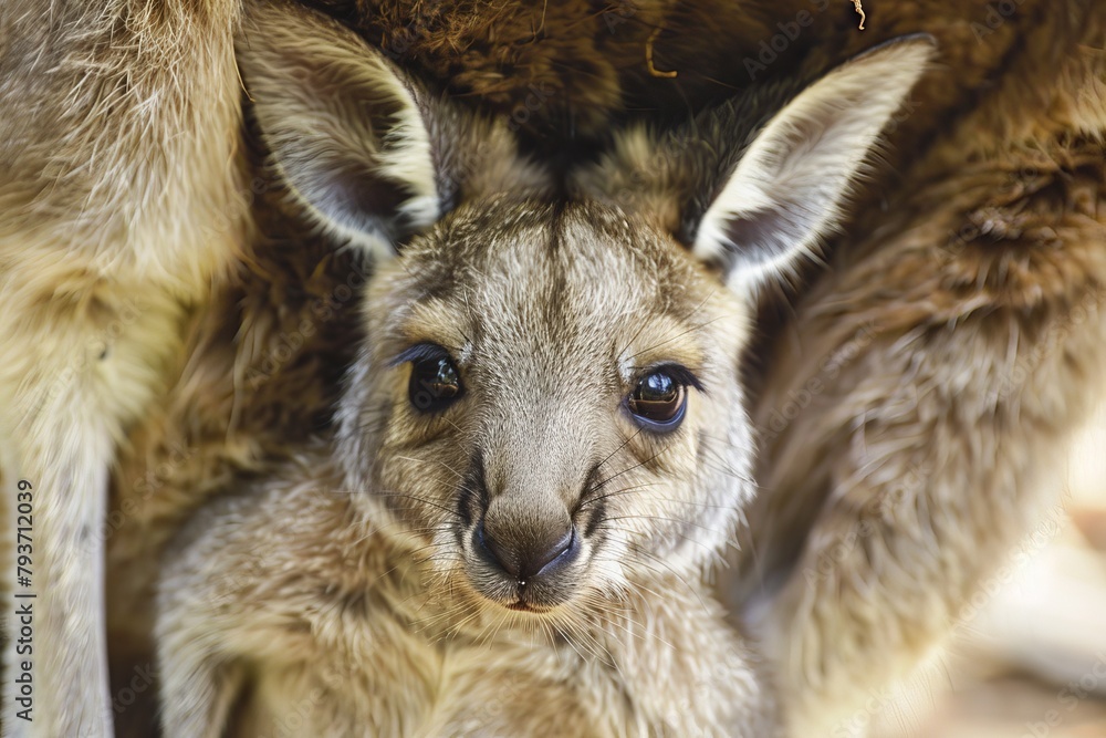 Fototapeta premium Curious baby kangaroo joey peeking out from its mother's pouch, perfect for Australian-themed projects