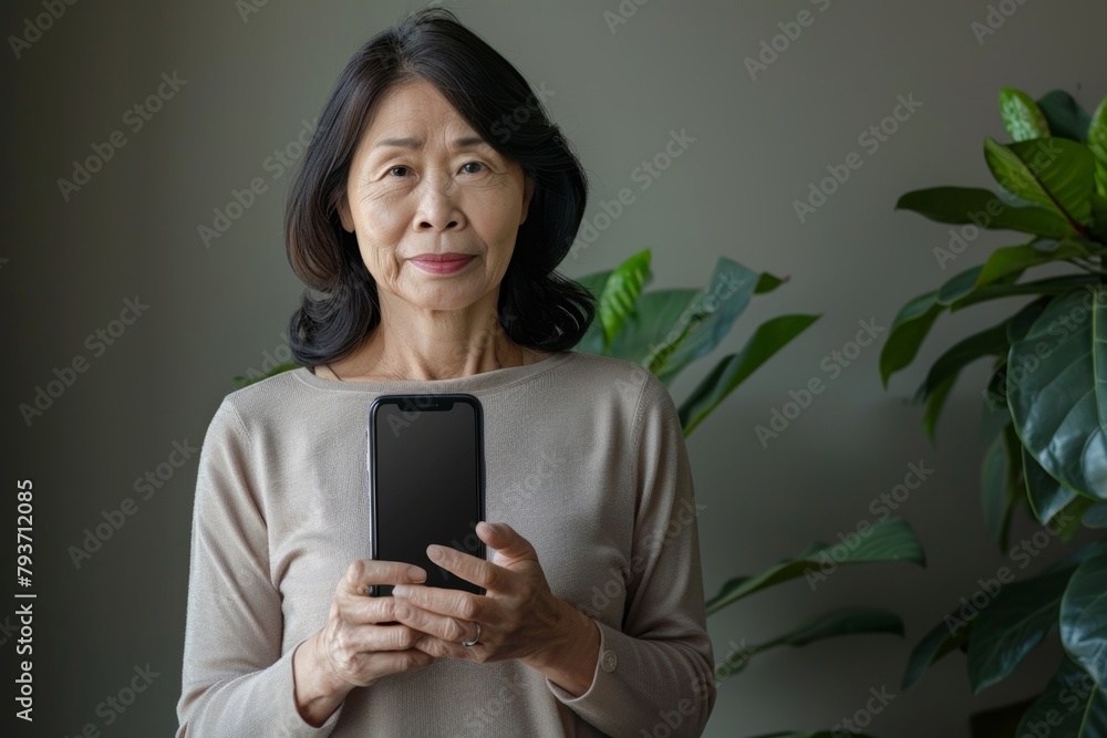 Digital mockup asian woman in her 40s holding an smartphone with a completely black screen