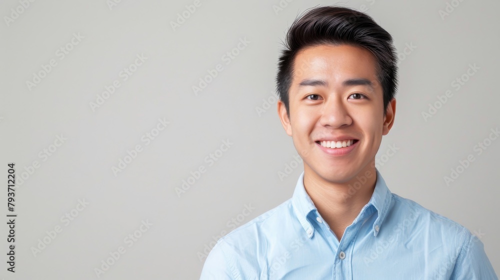 An East Asian male engineer in a light blue shirt, eyes twinkling with a hint of a smile, suggesting amiability and intelligence, against a plain white backdrop, styled as a friendly corporate. An East Asian male engineer in a light blue shirt, eyes twinkling with a hint of a smile, suggesting amiability and intelligence, against a plain white backdrop, styled as a friendly corporate.