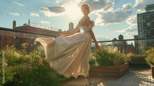 A fashion model posing on a sunlit rooftop garden, wearing a flowing gown that catches the breeze as she gazes off into the distance with an air of effortless elegance. photo