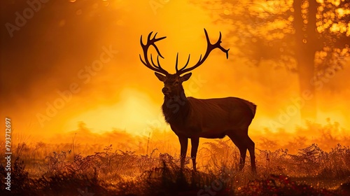 silhouette of red deer stag at dawn  orange sky