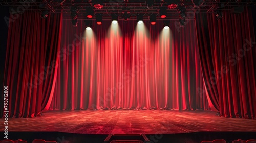 Red curtains open on stage with spotlight and audience view