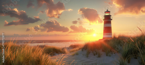 Golden Hour Majesty: Coastal Lighthouse Scene