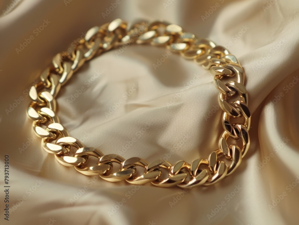 Obraz premium A luxurious 18k golden with stainless steel 316L cuban chain link necklace rests upon a background capturing the essence of wealth, style and elegance. Great as product design inspiration
