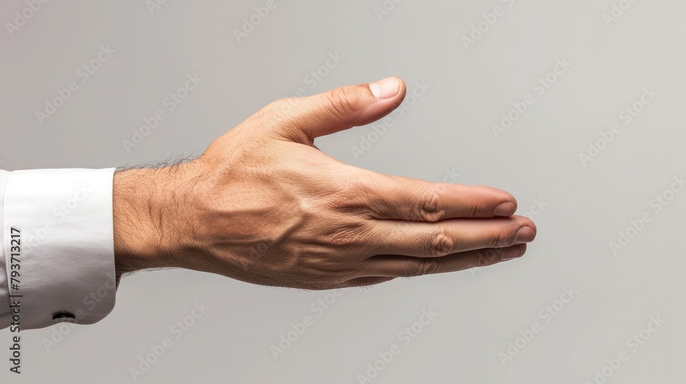 businessman open hand facing up side view on grey background businessman open hand facing up side view on grey background