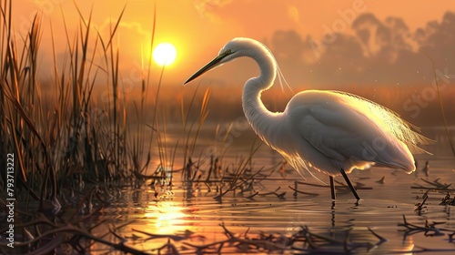 A painting of a great white egret standing in a marsh at sunset. The egret is white with a long  pointed beak and black legs. 