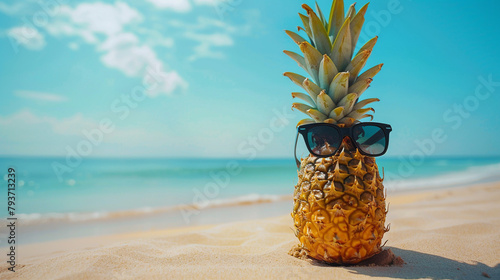 Pineapple in sunglasses on the tropical beach, vacation concept. 