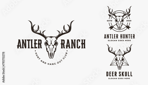 Vintage Head of deer antler skull logo icon vector set on white background