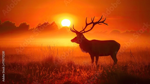 silhouette of red deer stag at dawn, orange sky