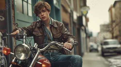 A handsome teenage model lounging on a vintage motorcycle, his leather jacket and rugged denim jeans exuding a rebellious charm that is both timeless and effortlessly cool.