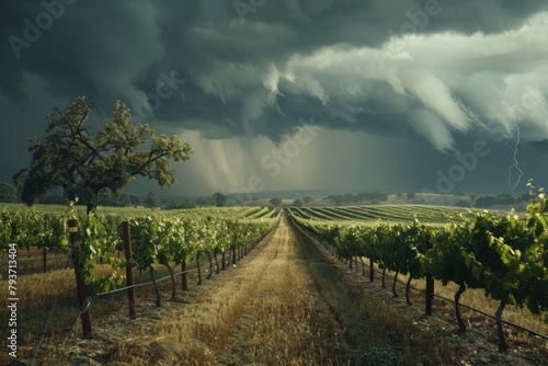 A striking image capturing a vibrant vineyard under the threat of a severe storm, with dark clouds and visible lightning enhancing the dramatic feel. photo