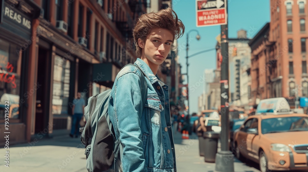 A candid street-style shot capturing a fashionable teenage model in his element, surrounded by the vibrant energy of the city as he navigates the bustling sidewalks with effortless swagger.