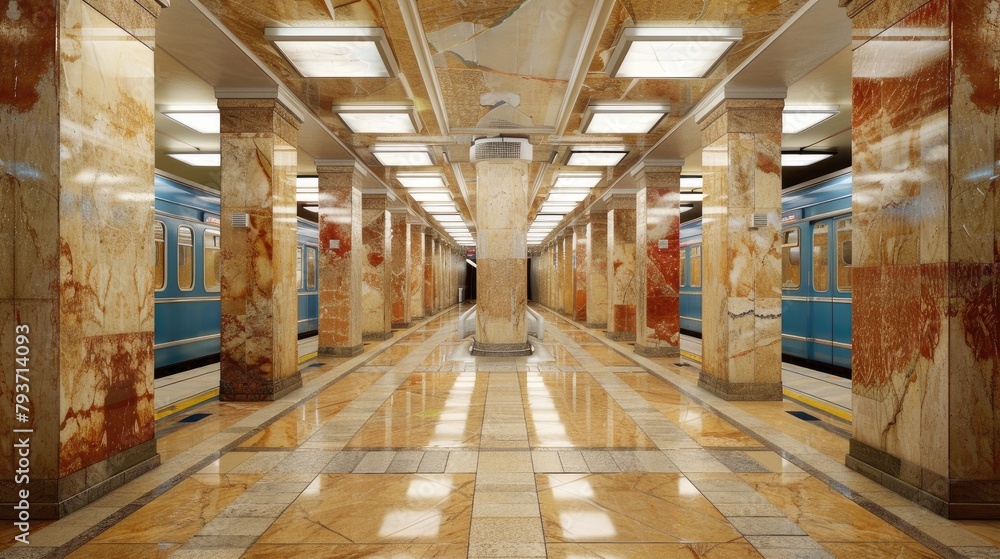 Soviet metro station in the style of retrofuturism, interior design, interior photography, with chandeliers and marble walls, decorated with paintings on marble stone panels