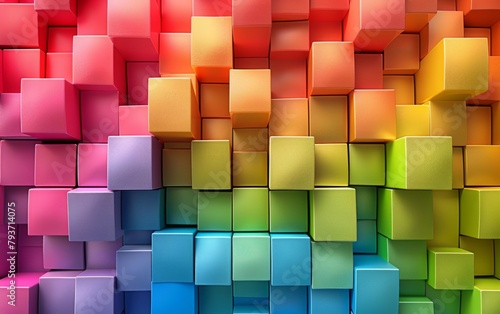 Assortment of brightly colored cubes arranged in a wall formation  set against a rainbow spectrum background