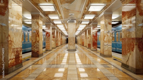 Soviet metro station in the style of retrofuturism, interior design, interior photography, with chandeliers and marble walls, decorated with paintings on marble stone panels photo