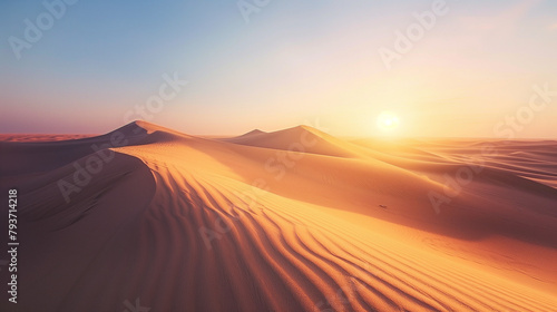 A vast desert landscape with rolling sand dunes under a setting sun.