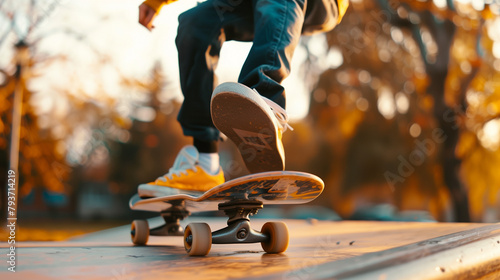 A skateboarder is doing an ollie over a curb. photo